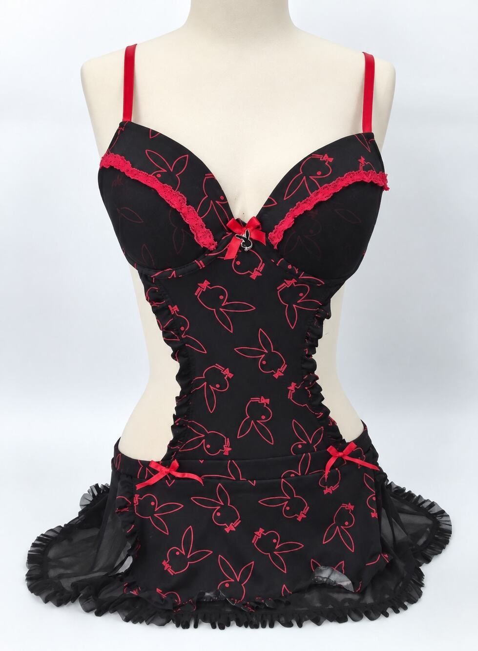 Playboy Intimates Black Red Bunny Print Apron Lingerie Size Large